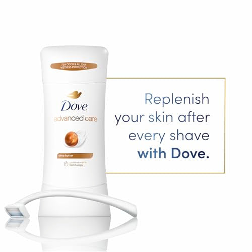 Dove Advanced Care Antiperspirant Deodorant Stick Shea Butter 4 ct with Pro ceramide technology for helping skin barrier repair after shaving 72 hour odor control sweat protection stick 2.6 oz