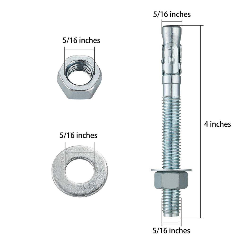 Wensilon 5/16x4" 10Pcs Inch Standard Fasteners for Heavy-Duty Zinc Wedge Anchors for Cement and Concrete