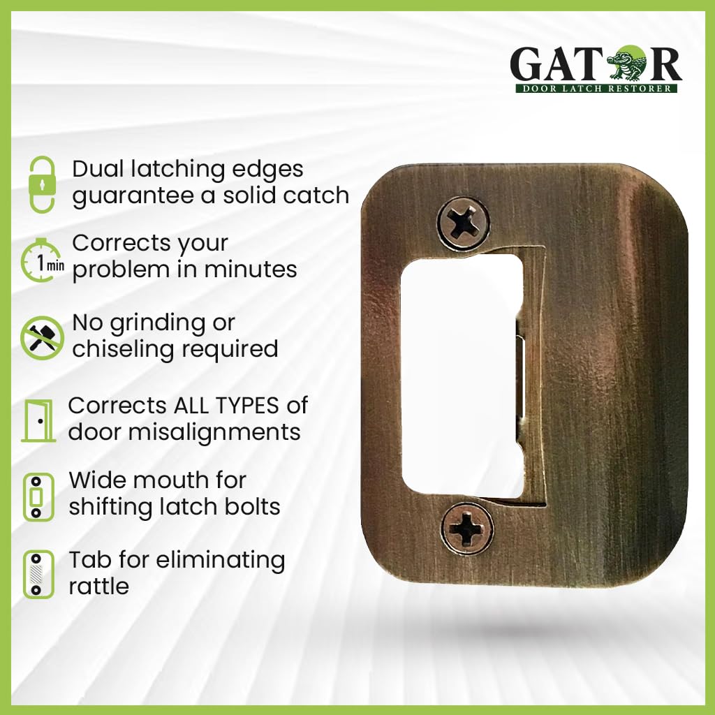 Gator Door Strike Plate with Screws, – 2-1/4" by 1-3/4" Universal Latch Restorer Alloy Steel Lock Hardware for Interior and Exterior Doors, Replacement Door Latch Plate | Antique Brass 4-Pack