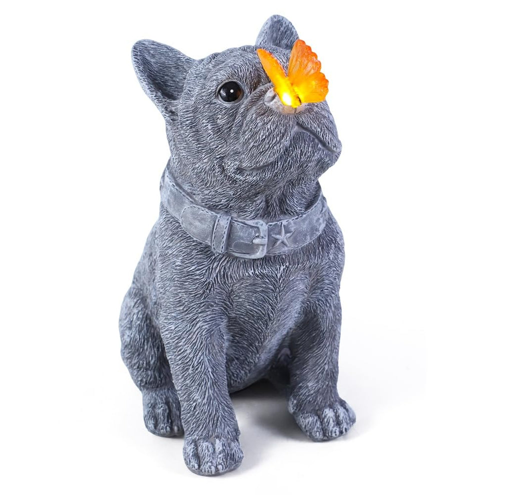 Solar French Bulldog Garden Statue with Butterfly, Outdoor Frenchie Gifts