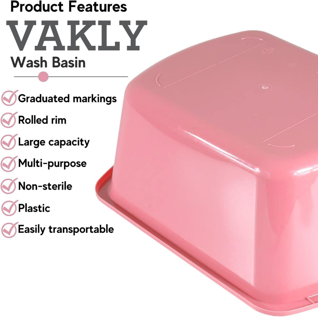 Vakly Wash Basins – Rectangular Plastic Hospital Bedside Soaking Tub - Small 7 Qt Graduated Bucket - Portable Washbasin for Washing, Cleaning, Foot Bath, Dishes, Face Cleansing Bowl (2, Pink)
