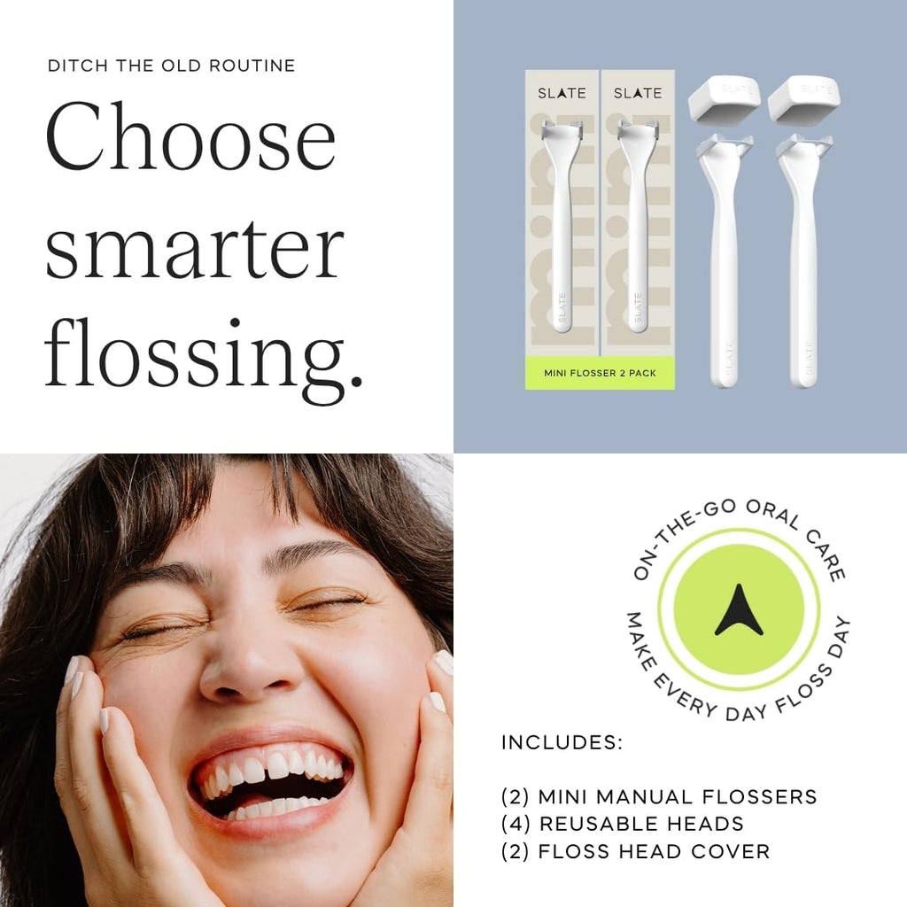 Slate Flosser Mini - Reusable Floss Pick with Gum Brush & Tongue Scraper, Dentist-Invented, PFAS/PTFE-Free, Travel-Ready | White Mini Flosser 2-Pack