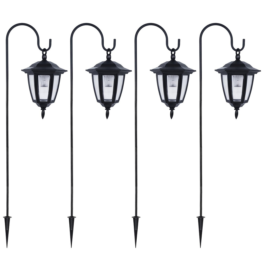 Dynaming 4 Pack Solar Hanging Lights Outdoor, Solar Powered Garden Decorative Lanterns with 4 x 38 Inch Shepherd Hooks, Waterproof Landscape Lighting for Lawn Patio Yard Pathway Driveway, Warm White