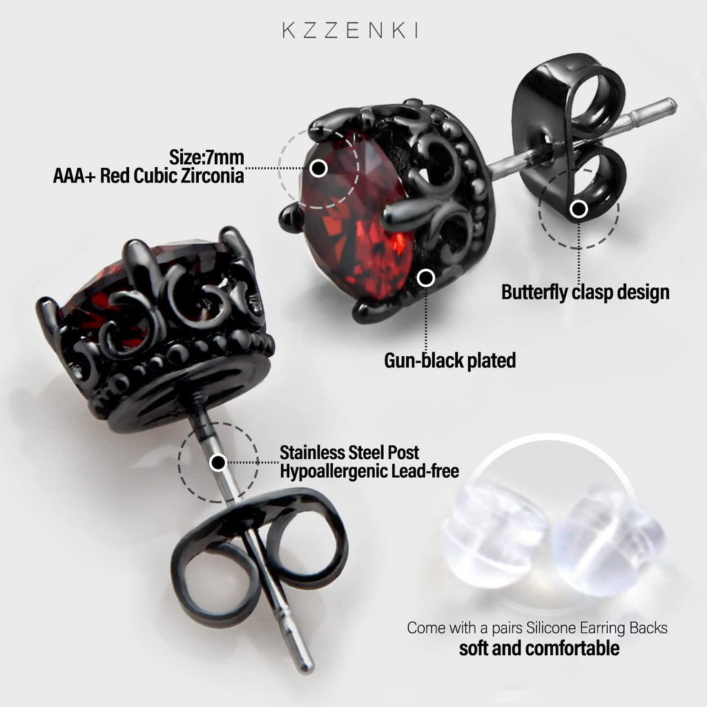 KZZENKI Red and Black Earrings Vintage Crown Stainless Steel Cubic Zirconia Stud Earrings Cool Gothic Jewelry