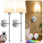 IRONPAX Wall Sconces Battery Operated Set of 2, Wireless Rechargeable Wall Sconce Set of Two, Dimmable Wall Lights with Remote for Bedroom Living Room Hallway Decor (Brushed Nickel, Fabric Shade)