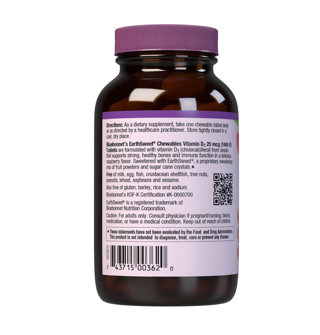 Bluebonnet Nutrition EarthSweet Vitamin D3 1000IU - Bone & Immune Support Supplement - Raspberry Chewable Vitamin D Supplement for Women & Men - Soy-Free, Gluten-Free, Non-GMO - 90 Tablets (Pack of 2)