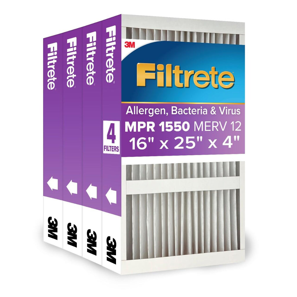 Filtrete 16x25x4 AC Furnace Air Filter, MPR 1550, MERV 12, Fits Lennox & Honeywell, CERTIFIED Asthma & Allergy Friendly, Electrostatic Air Cleaning Filter, 4-Pack (actual size 15.88 x 24.56 x 4.31)