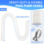 Poolvio 1.5" x 59" Above Ground Pool Hoses, 3-Pack, White- Heavy Duty UV Resistant Leak-Proof Replacement Hoses with 6 Metal Thumb Clamps, Perfectly Fits Intex Filter Pumps & Pool Surface Skimmers