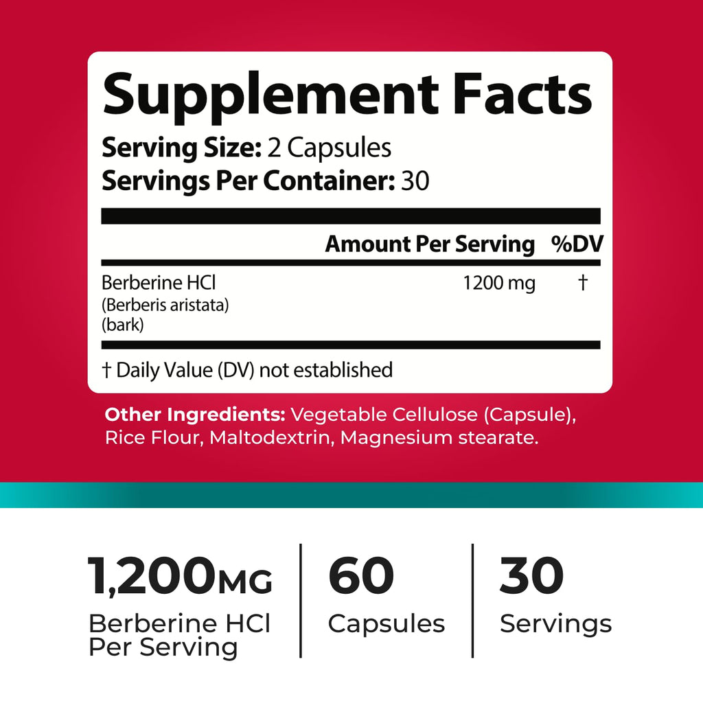 Berberine Supplement 1200mg – Organic Berberine Weight Loss, Metabolic & Heart Health Support – High Absorbency Pure Berberine HCl Formula – 60 Capsules
