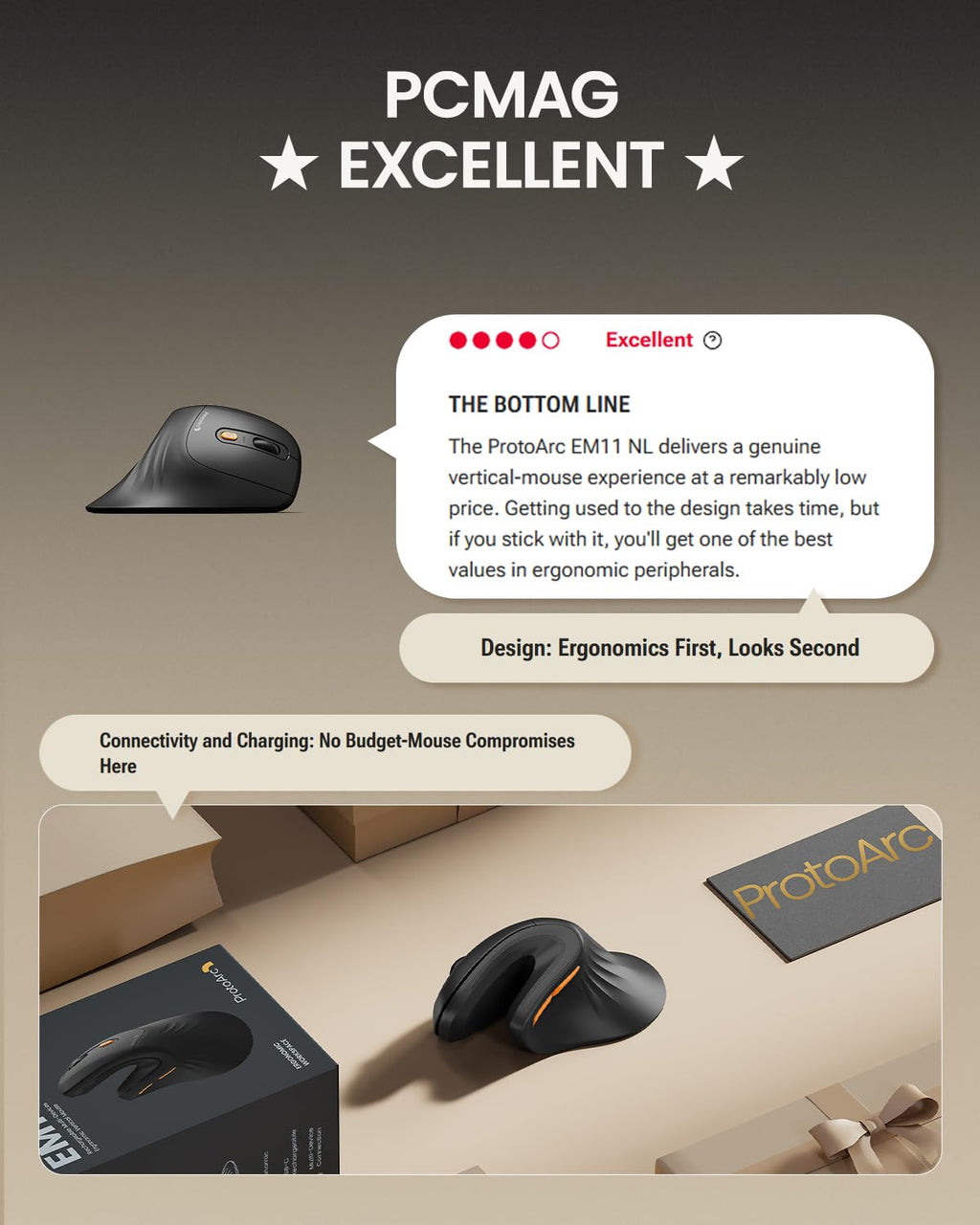 ProtoArc EM11 NL Wireless Ergonomic Vertical Mouse, Rechargeable, Black