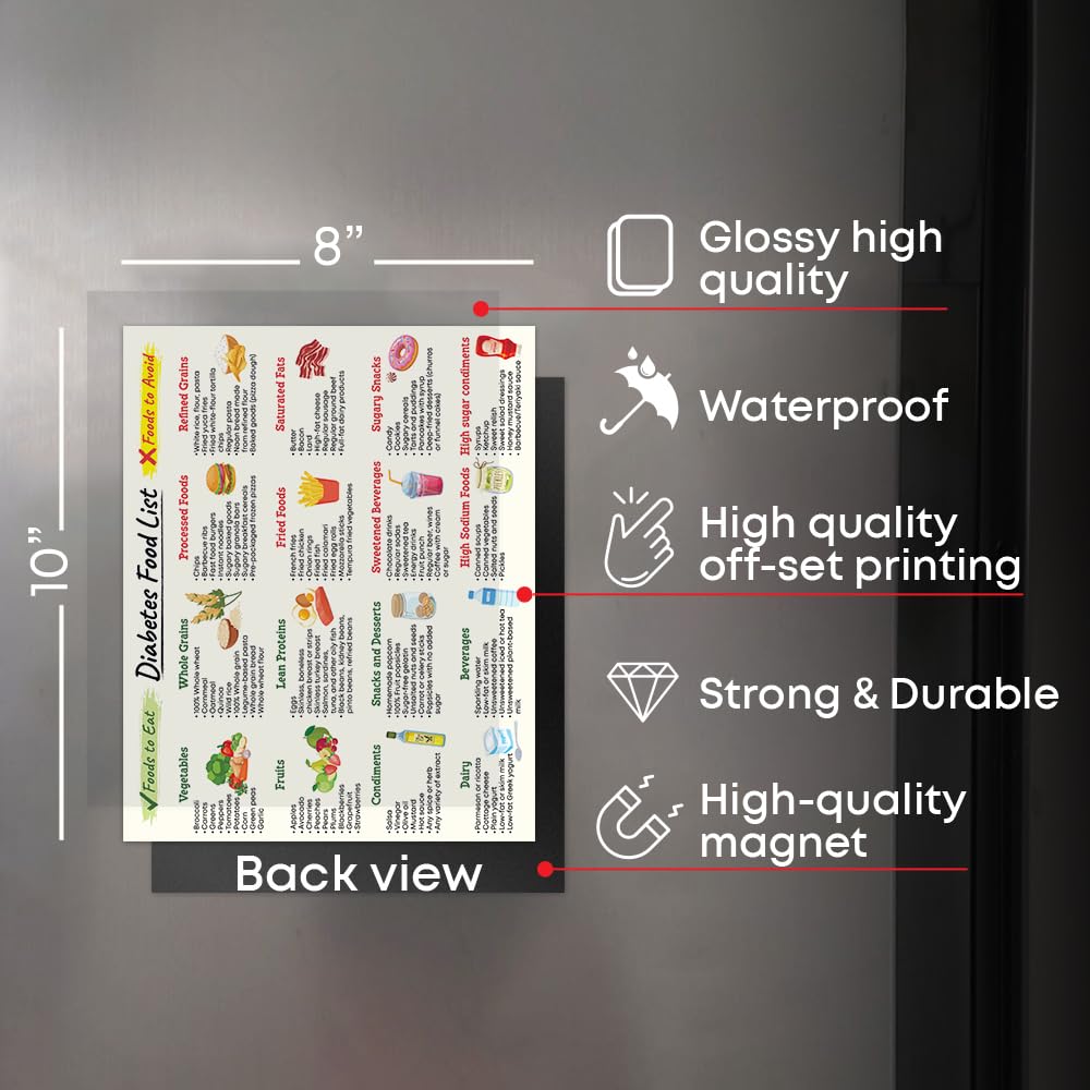 Magnetic Diabetes Food List for Fridge, 8"x10" Magnet Foods Chart for Diabetes, Low Sugar, High Fiber, Nutrition, Health