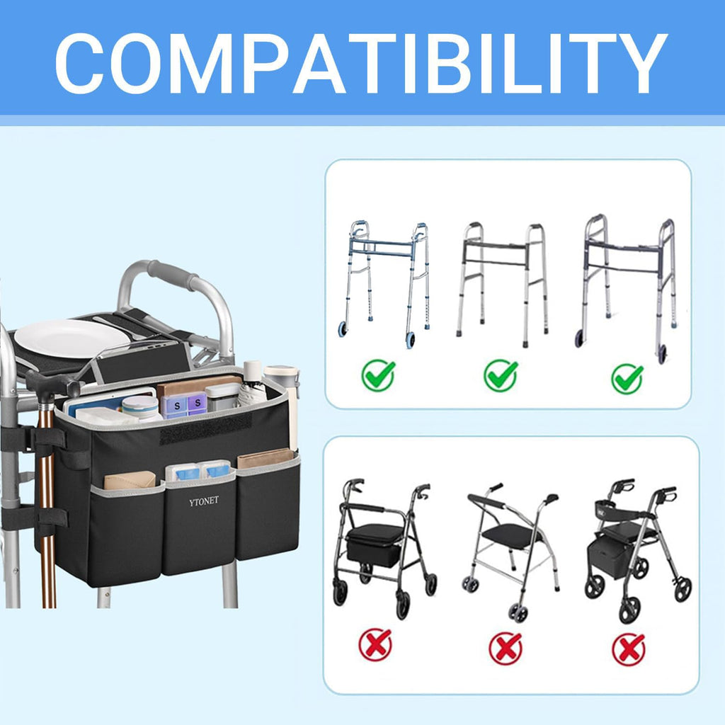 Ytonet Walker Basket with Tray, Detachable Walker Tray for Folding Walkers, Large Capacity Storage Basket with Phone and Crutch Holder, Water-Resistant Non-slip Walkers Accessories for Seniors (Black)