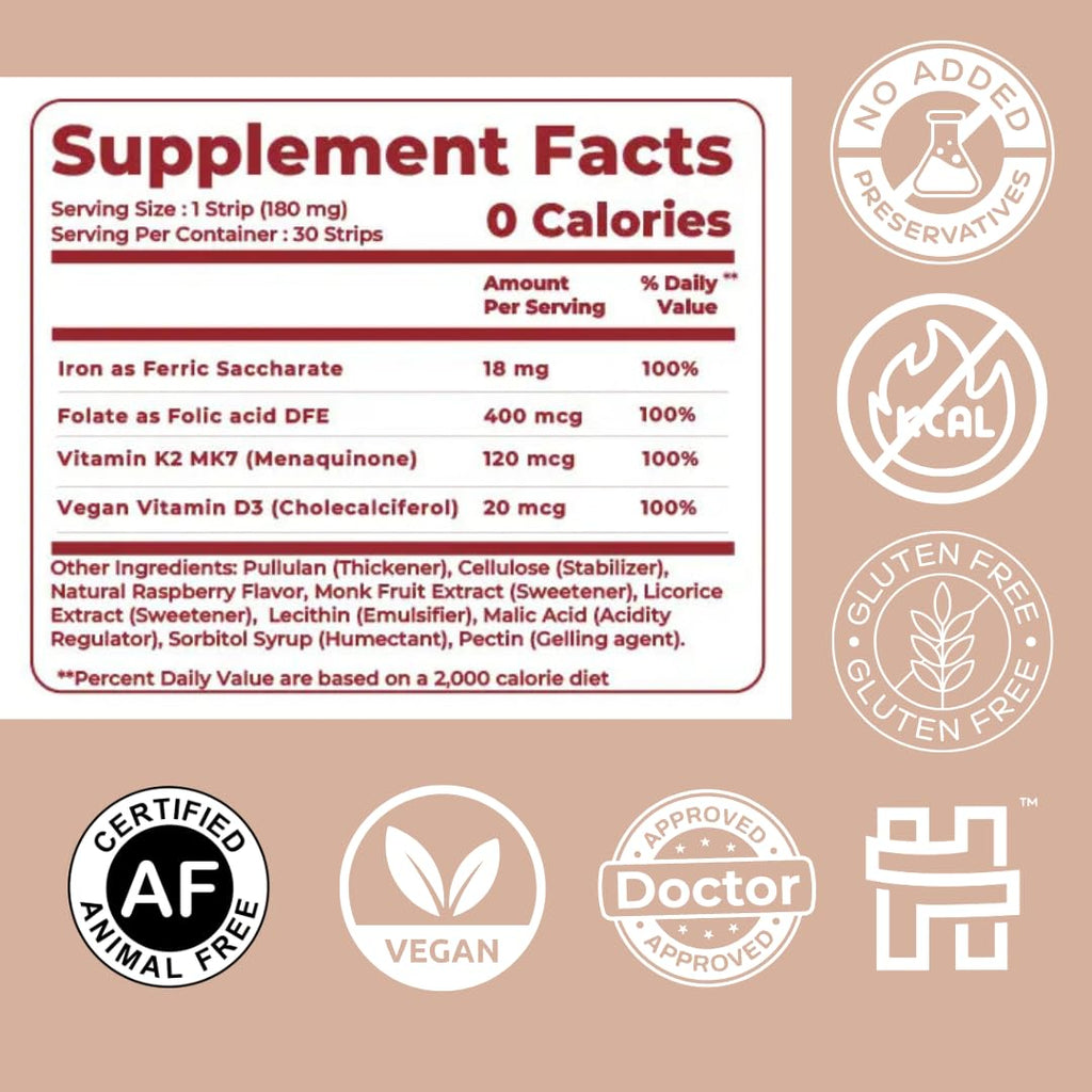 MedHugs NutriHugs Blood and Bone Support - Iron, Folate, Vitamin D3 and K2 - Fast-Dissolving Oral Thin Film Strips - Non-Constipating Iron - Vegan, Sugar-Free, Non-GMO - 30 Strips