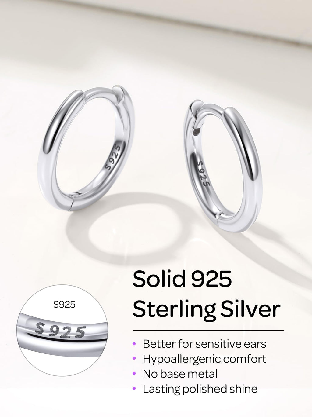 ChicSilver Sterling Silver Huggie Earrings for Women, 8MM Hoop Earrings