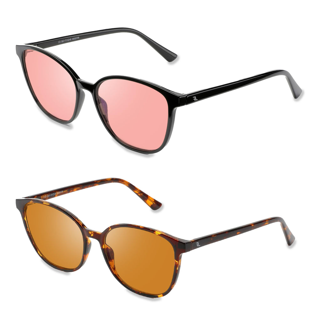 JFXQDR Women's 2 Pack Indoor Fluorescent-41 Rose & Outdoor Fluorescent-60 Brown Tinted Blue Light Blocking Glasses for Migraine, Light Sensitivity, Photophobia LED Gaming Computer Screen Glare RF6208