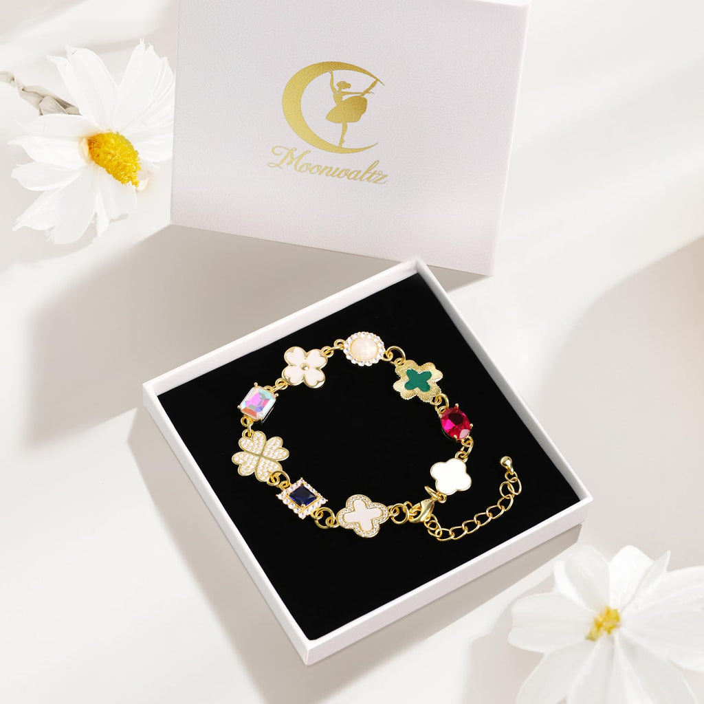 Gold Clover Charm Link Bracelet for Women Cute Colorful Geometric Diamond Mother of Pearl Lucky Four Leaf Clover Bracelet Enamel Crystal Rhinestone Statement Bracelet Adjustable Party Jewelry Gift