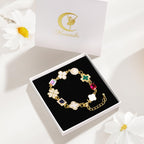Gold Clover Charm Link Bracelet for Women Cute Colorful Geometric Diamond Mother of Pearl Lucky Four Leaf Clover Bracelet Enamel Crystal Rhinestone Statement Bracelet Adjustable Party Jewelry Gift