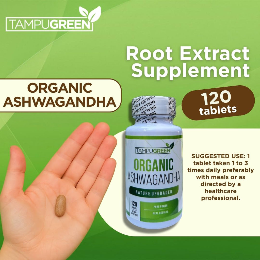 TAMPUGREEN Organic Ashwagandha 675 mg Root Extract with Black Pepper Stress, Mood & Balance Support Non-GMO Made in USA 120 Caplets