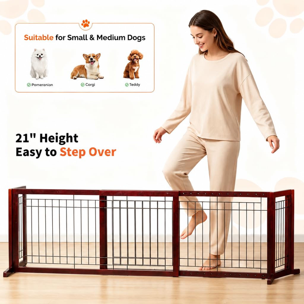 Bonnlo Free Standing Dog Gate, 39" - 68" Wide Pet Gate for Fireplace Stairs Doorways, Wooden Adjustable Pet Fence Indoor, Christmas Tree Gate (Cherry)