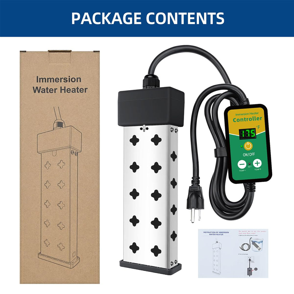 Immersion Water Heater 1800W 120V with Digital Thermostat Control, Dry Burn Protection Alarm, Real-Time Temperature Display, 14AWG Heavy-Duty Cord, Industrial Heating Tube for Buckets & Bathtubs