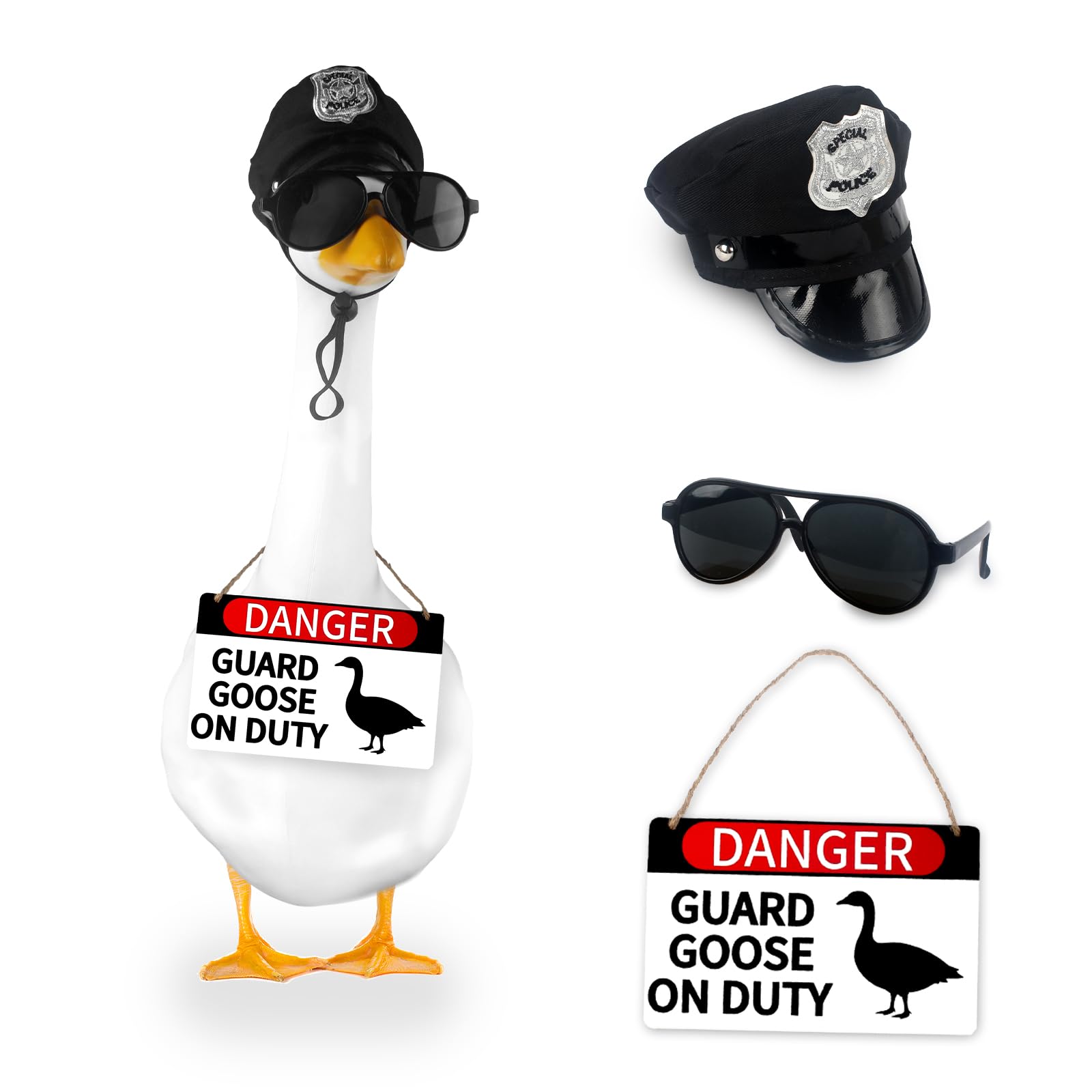CAMDUCK 3 Pcs Porch Goose Accessories Porch Goose Sign Goose Police Hat Eyeglasses Wooden Gooses Warning Sign Danger Guard Geese on Duty Warning Sign Geese Outfits Decor for Yard Porch Lawn