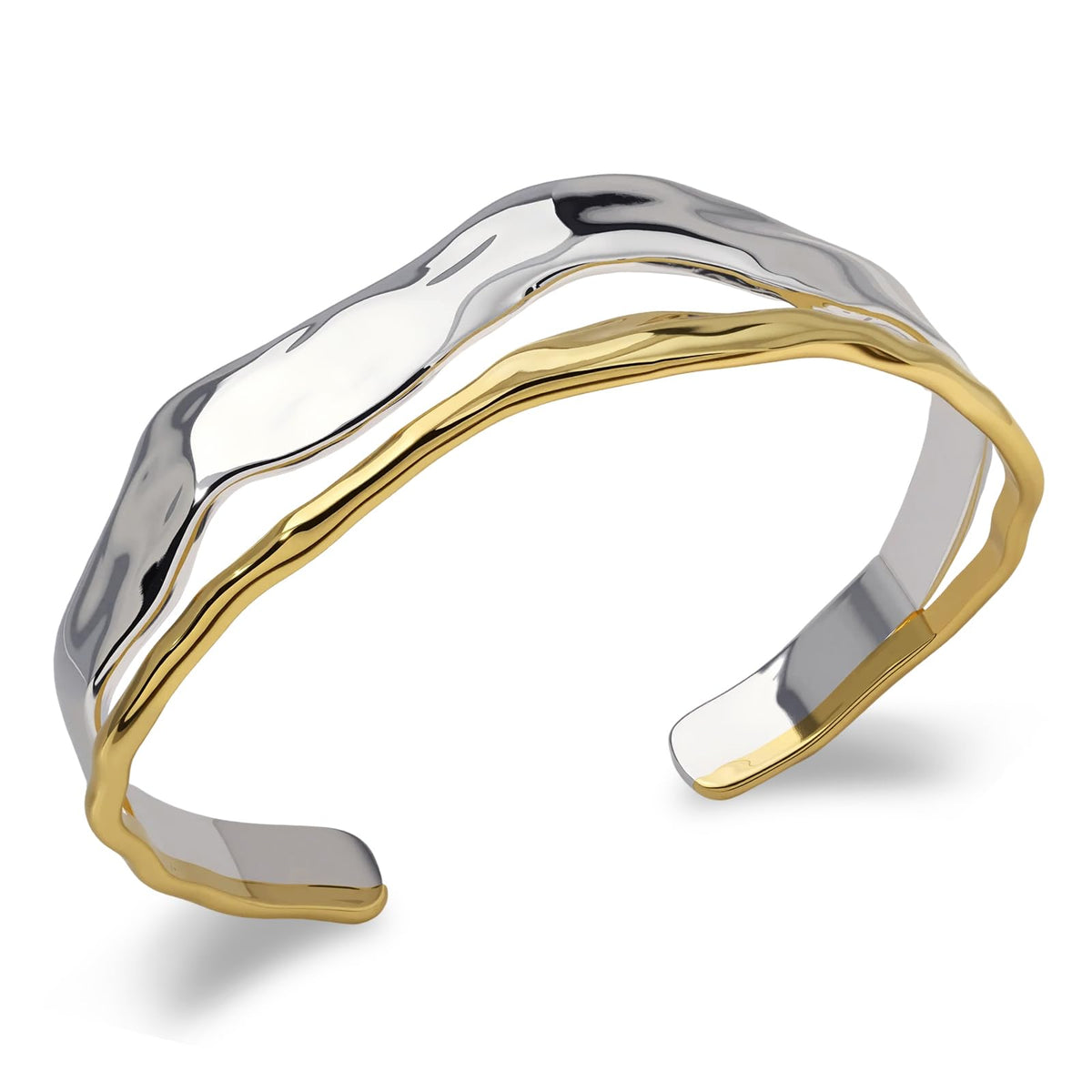 Desnuage Chunky Gold and Silver Cuff Bracelets Sterling Silver Two Tone Open Bangles Double Layer Irregular Wave Hammered Texture Bracelet for Women