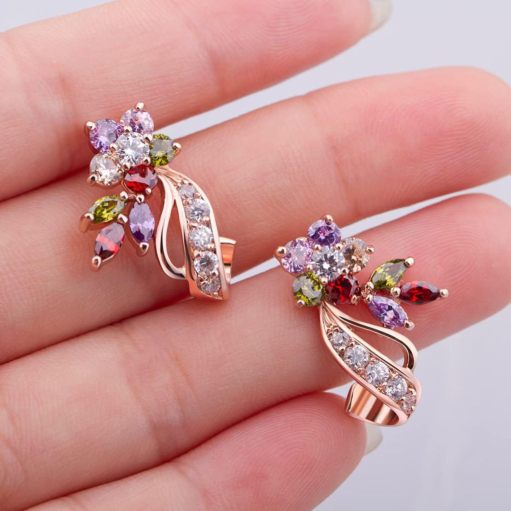 BISAER Rose Gold Multicolor CZ Flower Stud Earrings for Women Lady Trendy