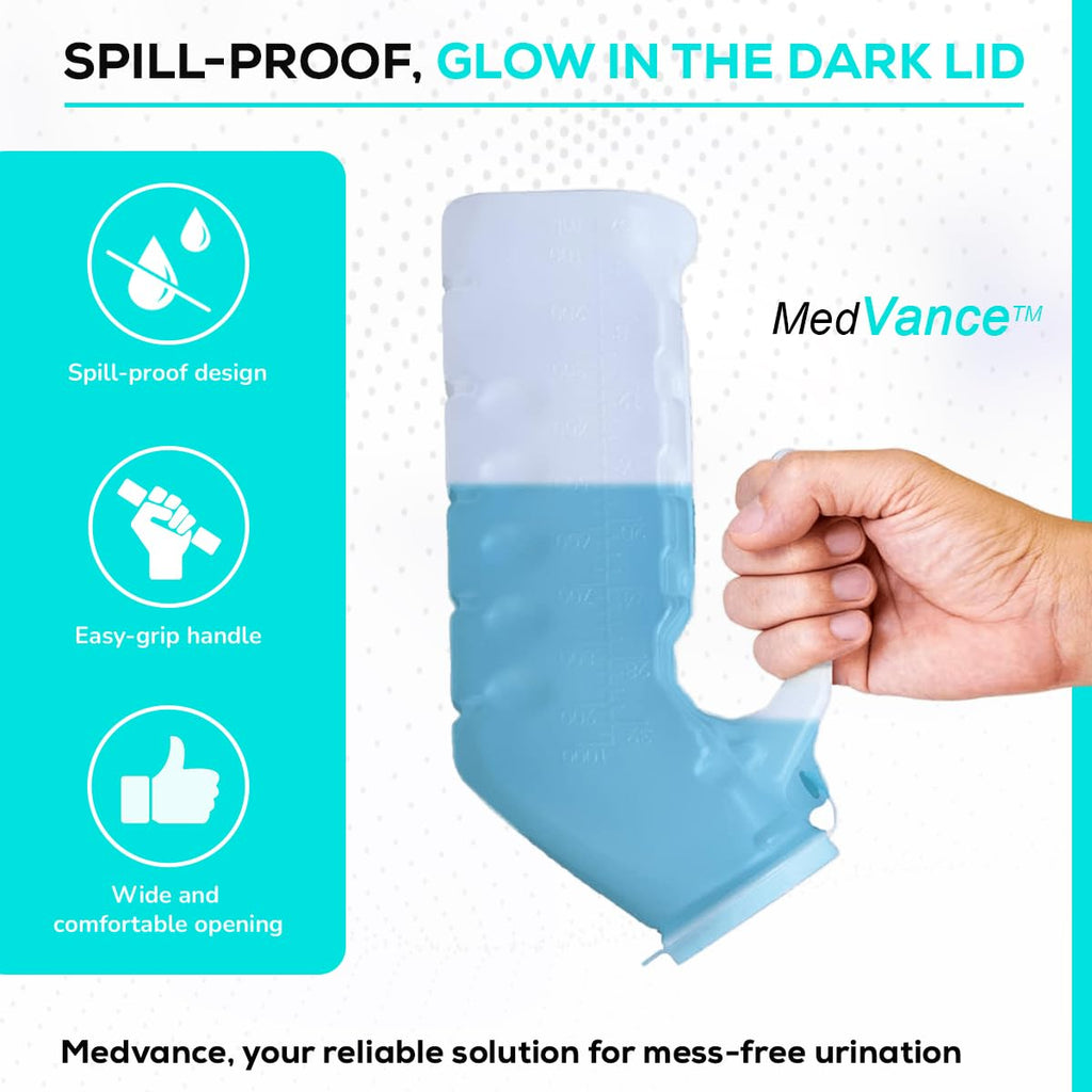 MedVance 1000ml Portable Urinals for Men, 8 Pack – Spill Proof Men's Urinal Bottle w/Glow in Dark & Leak-Proof Lid – Easy-Grip Durable Pee Bottles for Men - Versatile Male Pee Bottle for Elderly Care
