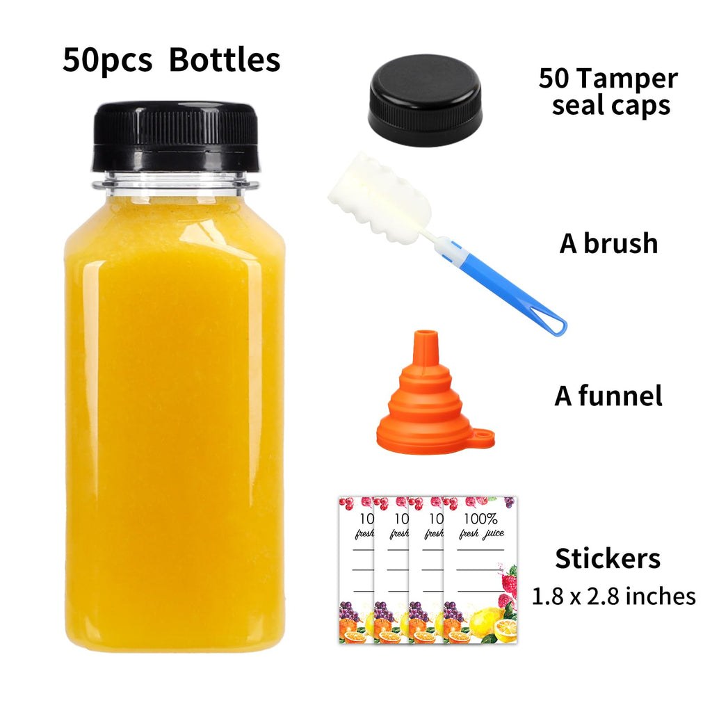 Moretoes 50pcs 8oz Juice Bottles, Plastic Bottles with Caps, Bulk Clear Beverage Containers for Juicing Drinking Milkshake Tea and Other Beverages