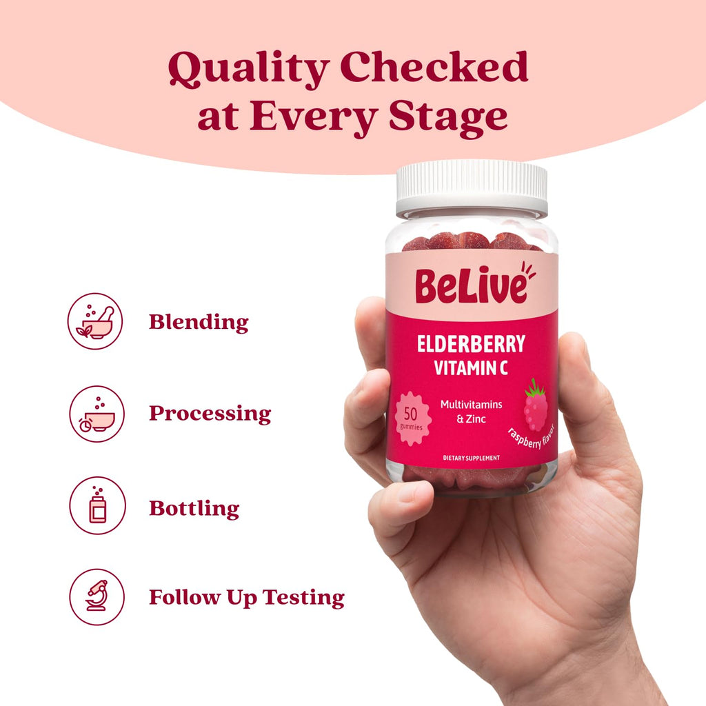 BeLive Elderberry Gummies with Vitamin C, D3 and Zinc - Multivitamin Supplement for Immune Health Support for Kids & Adults - 50 Count - Raspberry Flavor