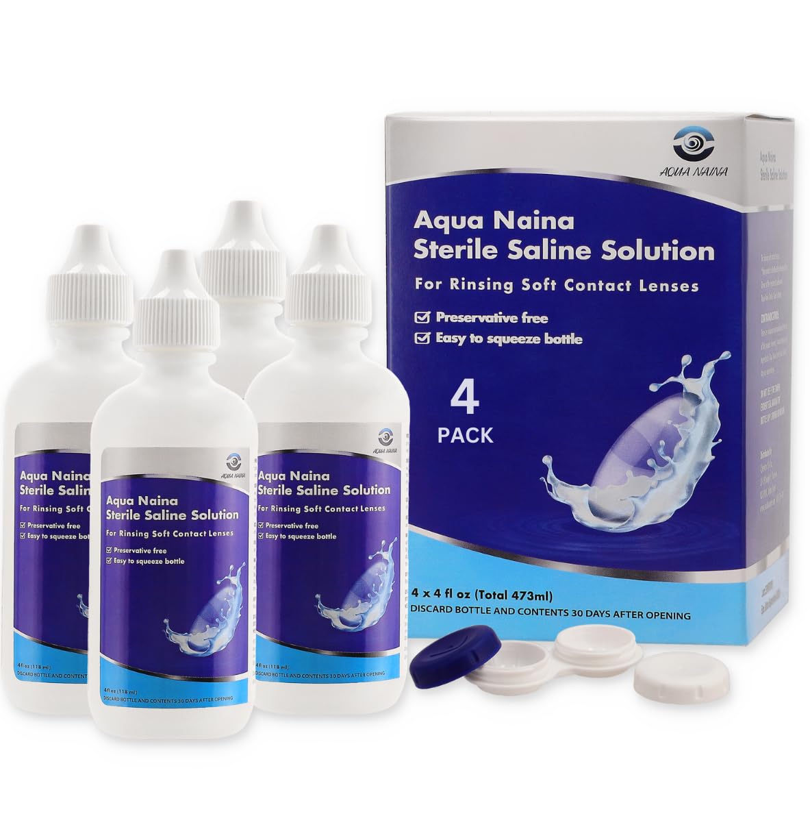 Oculus Curae Aqua Naina Saline Solution – Preservative-Free Sterile Rinse for Soft, Hard & Gas Permeable Contact Lenses – Unisol 4 Alternative – Travel-Friendly – 4X 4 fl oz Bottles