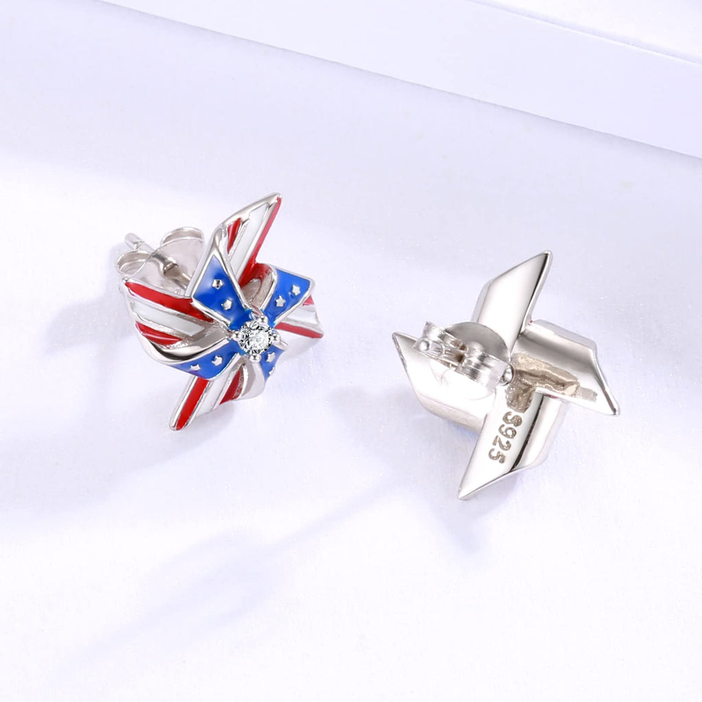Silver USA American Flag Earrings - Patriotic Star Ears Stud Fourth of July Windmills Independence Day Hoop Jewelry Gift for Women Veterans
