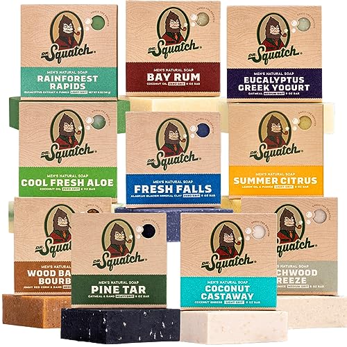 Dr. Squatch Natural Men’s Bar Soap - Cold Process Body Soap Bar with Natural Oils - Gifts for Men - Birchwood Breeze, Coconut Castway, Summer Citrus, Pine Tar & more (5 oz, 10-Pack)
