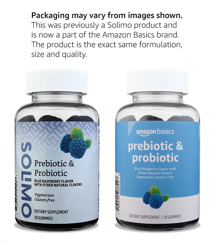 Amazon Brand - Solimo Prebiotic & Probiotic Gummies, 2 Billion CFU, Blue Raspberry, 50 Count (2 per Serving)