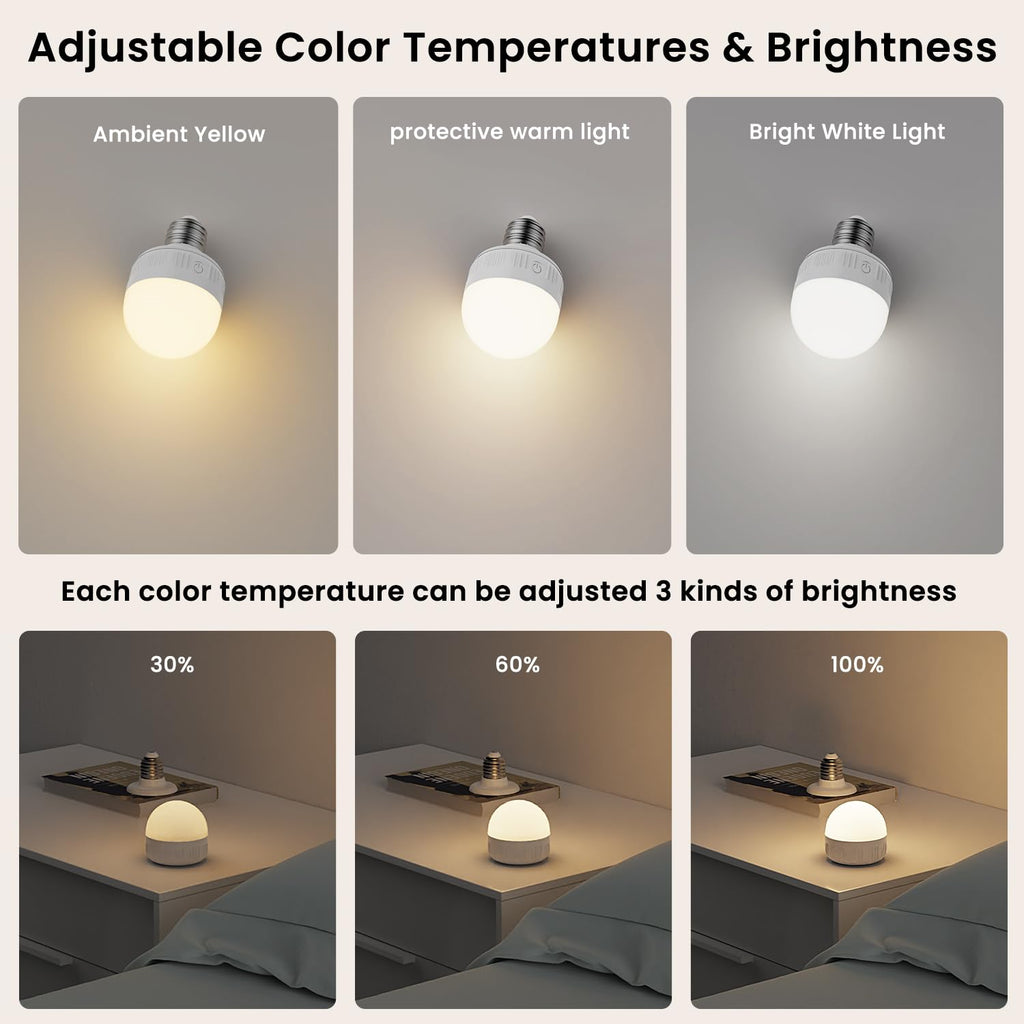 SCOPOW 1PC Rechargeable Light Bulbs with Remote Control Timer and 3 Color Temperature Rechargeable Battery Operated Light Bulb (5W+E26+3Colors+1PC)