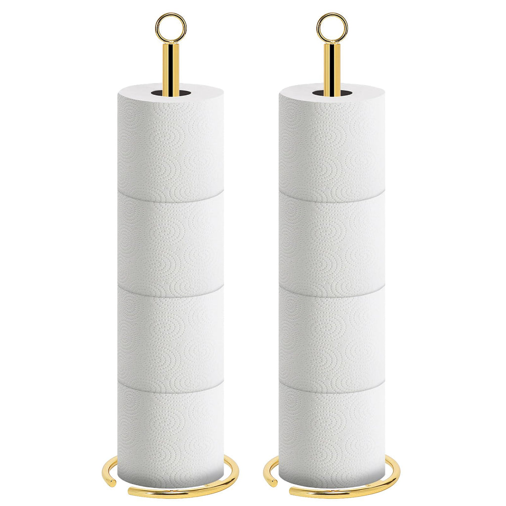 NearMoon Bath Toilet Paper Holder Stand, Freestanding Tissue Paper Storage with Reserve, Space Toilet 4 Rolls Holder for Bathroom/Kitchen Countertop-All Metal (2 Pack, Chrome Gold)