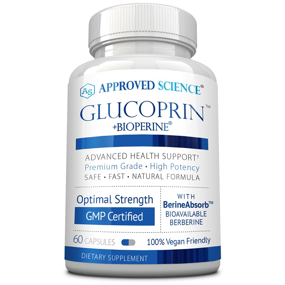 Approved Science Glucoprin - 250 mg Berberine, Mulberry, Cinnamon, BioPerine, Non GMO- Made in the US - 60 Vegan Capsules - Pack of 1