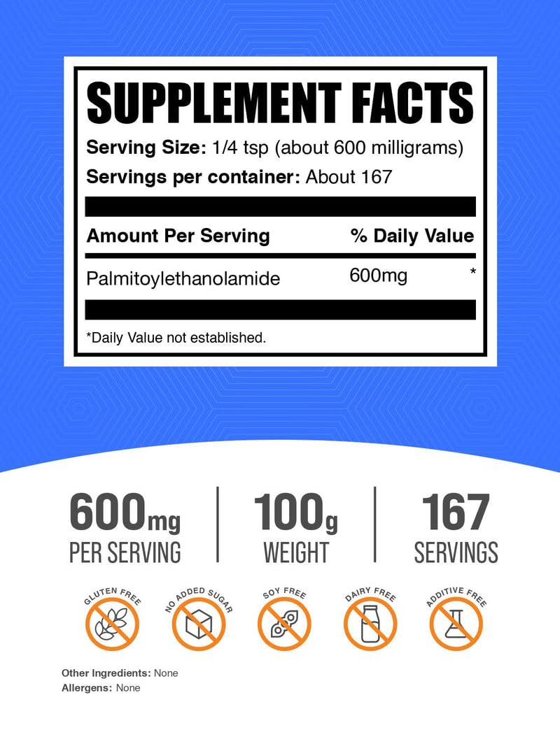 BulkSupplements.com Palmitoylethanolamide Powder - Pea Supplement, Palmitoylethanolamide for Immmune Support - Gluten Free, 600mg per Serving, 100g (3.5 oz) (Pack of 1)