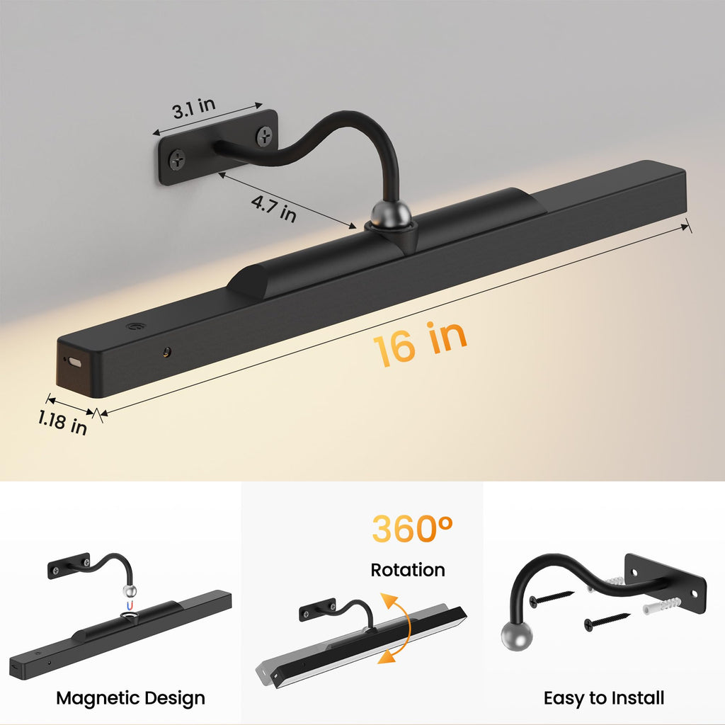 Craftersmark Dimmable Cordless Picture Light for Wall 16n, 5000mAh Rechargeable Battery Wall Sconce Art Light, CRI 95+ 350LM Wall Light for Gallery Artwork, Paintings, Photo, Portraits - Black