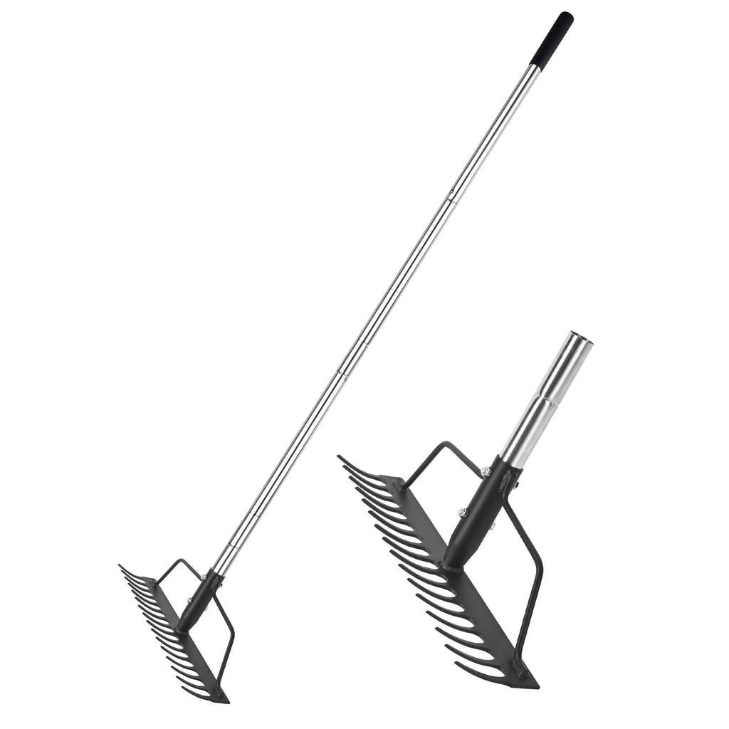 BARAYSTUS 15 Inch Wide Bow Rake, 16 Steel Tines Metal Head Rake Tool with Stainless Steel Handle, Adjustable Long Handle Garden Rake for Loosening Soil Leveling Mulch Gathering Lawns Leaves