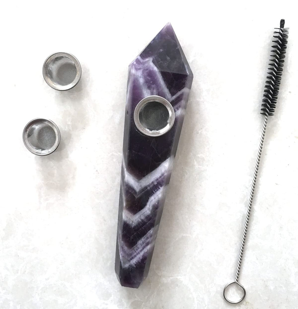 Natural Dream Amethyst Crystal Point Pipe with Metal Screen, Dream Amethyst Tower，Purple and White Multi-Color,crystal gift