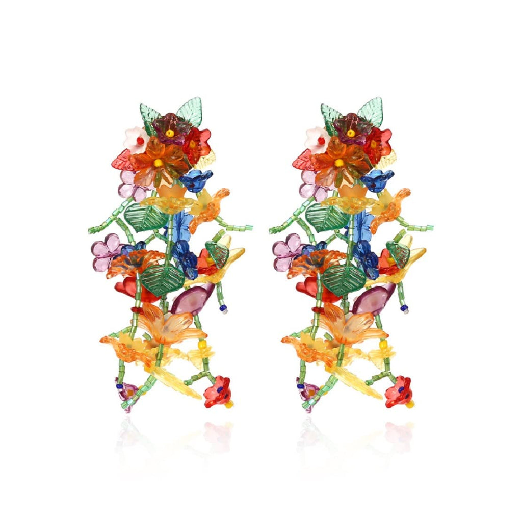 Hypoallergenic Rainbow Flower Floral Statement Dangle Earrings - Colorful Tassel, Beaded Leaf Cluster Drop Earrings