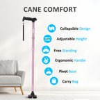 REHAND Walking Cane for Men & Women - Foldable, Adjustable, Lightweight, Self Standing Pivot Walking Cane, Soft Handle Grip, with Travel Bag, Walking Sticks for Seniors & Adults (Pink)