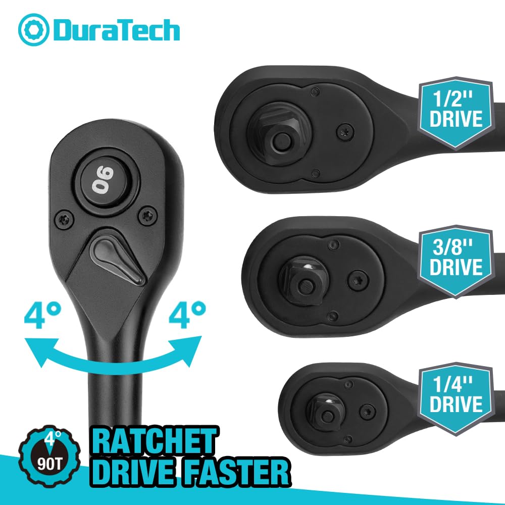 DURATECH 3-Piece Drive Ratchet, 1/4", 3/8", 1/2" 90-Tooth Quick-Release Ratchet Wrench, Reversible, Cr-V Made, 4° Swing, Manganese Phosphate Black Finish, Gifts for Men Gifts for Women