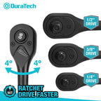 DURATECH 3-Piece Drive Ratchet, 1/4", 3/8", 1/2" 90-Tooth Quick-Release Ratchet Wrench, Reversible, Cr-V Made, 4° Swing, Manganese Phosphate Black Finish, Gifts for Men Gifts for Women