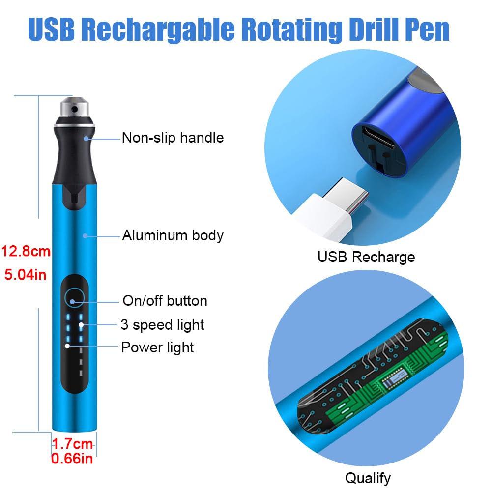3-Speed Cordless Mini Drill Pen With 10 Small Drill Bits,Rechargeable Electric Hand Drill Pin Vise,Resin Drill Set For Jewelry Making, Resin, Plastic, Wood, Keychains DIY (BLUE)