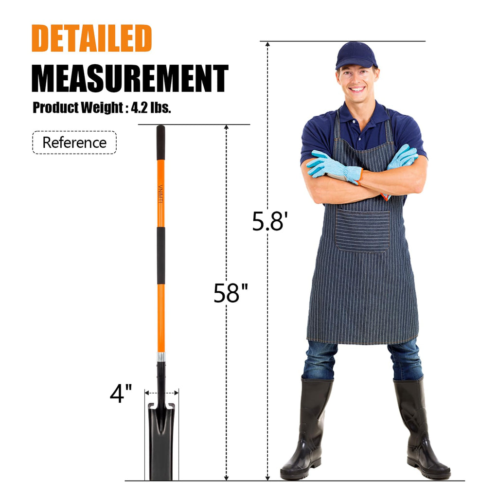 VNIMTI Trench Shovel for Clean Trenches, 4-Inch Trenching Shovel with Fiberglass Handle, 58 Inches