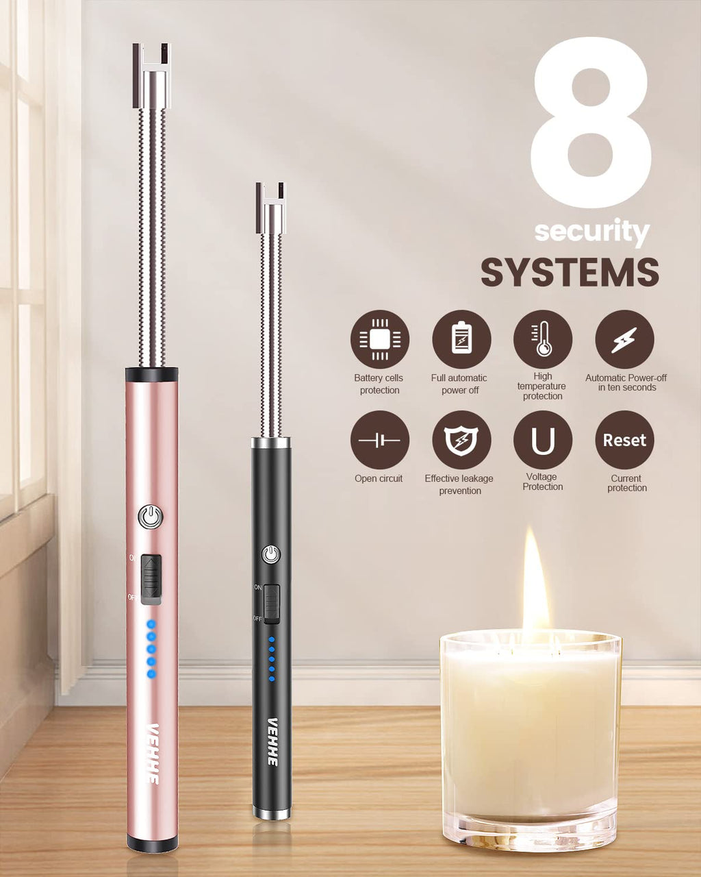 VEHHE Candle Lighter, 2 Pack Rechargeable Electric Lighter with LED Battery Display Safety Switch, Flexible Neck USB Lighters for Candles Camping Grill Gas Stoves Cooking (Black & Pink)