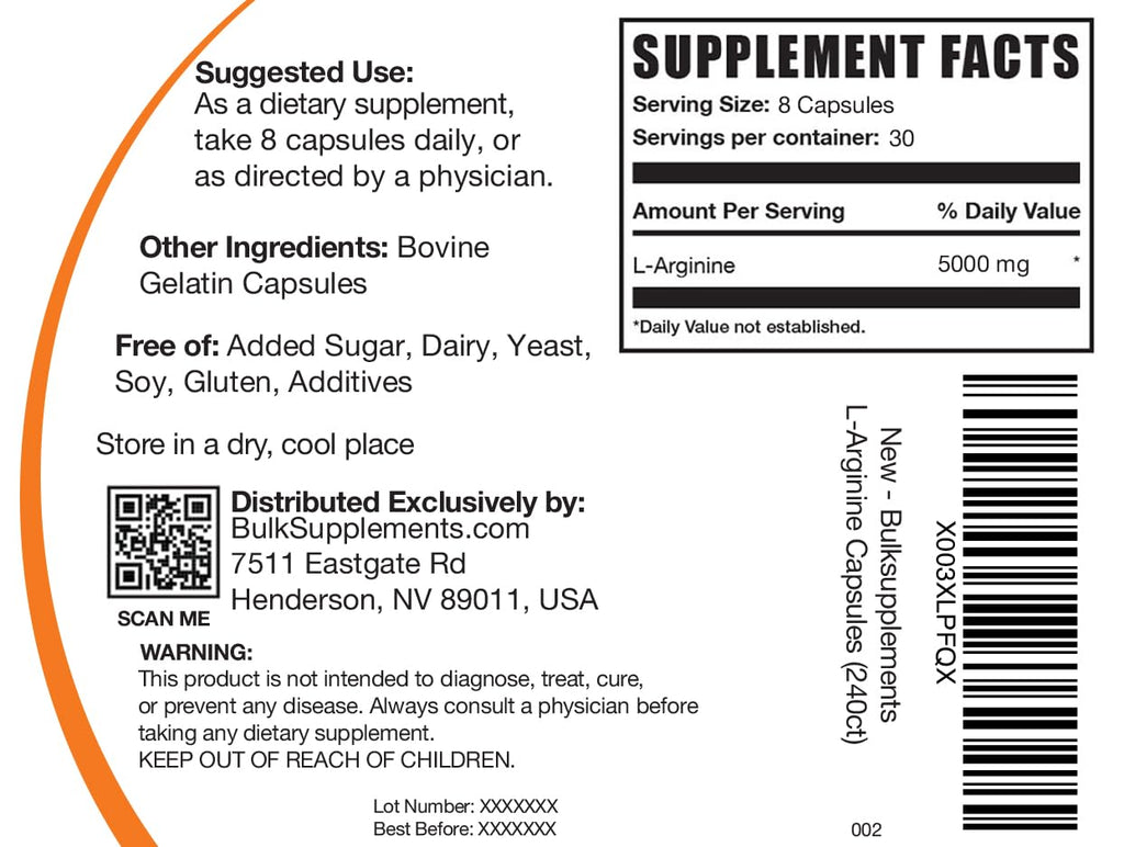 BulkSupplements.com L-Arginine Capsules - Arginine Supplement, Nitric Oxide Supplement - Gluten Free, 8 Capsules per Serving (5000mg), 240 Count (Pack of 1)