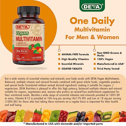 DEVA Vegan Multivitamin & Mineral Supplement with Iron 2-Pack, Spirulina, Chlorella, Ashwagandha, Broccoli & More, 90 Coated Tablets Each